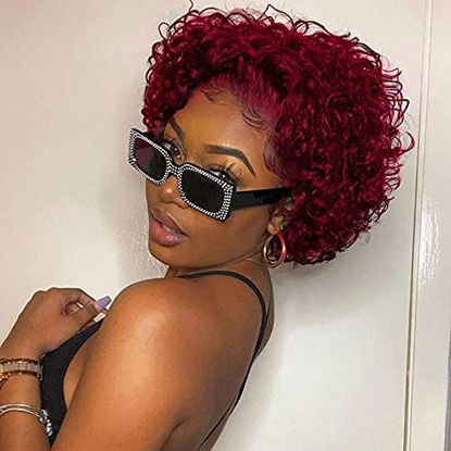 Picture of Short Curly Wig Human Hair Red Pixie Cut Kinky Curly Human Hair Lace Part Wigs for Black Women Remy Hair Preplucked Cheap Glueless Wig (99j#)