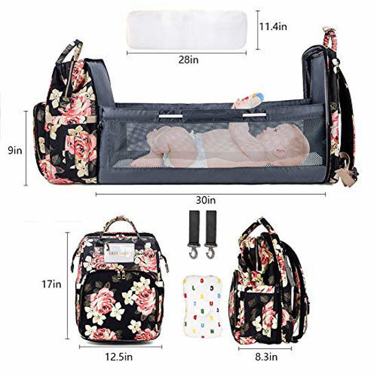 Picture of Cosy Casa Baby Travel Diaper Bag Backpack with Bassinet Changing Mat Changing Station,Folding Crib Bag Foldable Mommy Bag for Baby Girl Boy Infant Mom Diaper-Bag-Backpack-Baby-Travel(Flower(Upgrade))