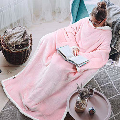 Picture of Tirrinia Sherpa Wearable Blanket for Adult Women, Men, Girlfriend, Super Soft Comfy Warm Plush Reading Throw with Sleeves TV Blanket Wrap Robe Cover for Sofa, 72" x 55" Pink