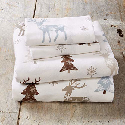 Picture of Extra Soft 100% Turkish Cotton Flannel Sheet Set. Warm, Cozy, Luxury Winter Bed Sheets. Stratton Collection (Twin, Snowy Reindeer)