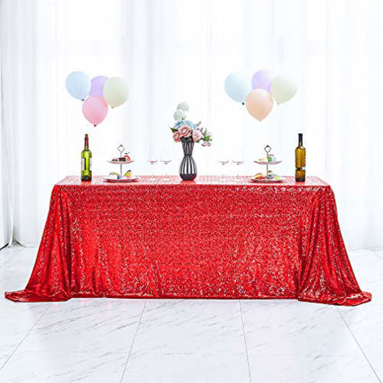 Picture of Hahuho 90x132 inch Rectangular Sequin Tablecloth Red, Glitter Tablecloth for Bridal Shower Decorations, Birthday, Wedding, Dessert, Banquet90x132 Inch, Red