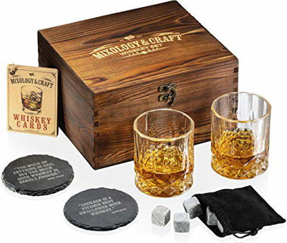 Picture of Mixology & Craft Whiskey Stones Gift Set for Men - Pack of 2, 10 oz Whiskey Glasses w/ 8 Granite Chilling Rocks, 2 Slate Coasters, Cocktail Cards in Rustic Wooden Crate