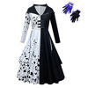 Picture of Girls Cruella Cosplay Costume Kids Halloween Costumes Girl Fancy Black and White Dress with Gloves Polka Dot Dalmatian Outfit Movie Role Play Outfits Birthday Party Xmas Gifts