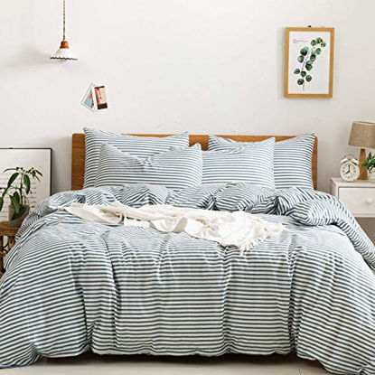 Picture of JELLYMONI 100% Natural Cotton 3pcs Striped Duvet Cover Sets,White Duvet Cover with Grayish Blue Stripes Pattern Printed Comforter Cover,with Zipper Closure & Corner Ties(King Size)