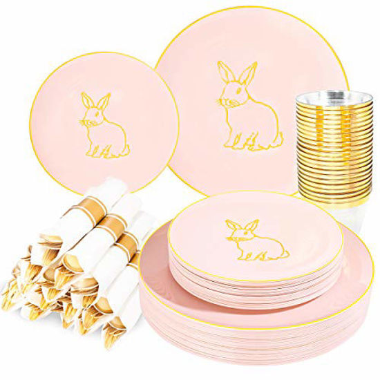 Picture of BUCLA 30Guests Pink And Gold Plastic Plates With Disposable Prewrapped Silverware&Gold Cups- Bunny Design Plastic Dinnerware-Ideal For Easter And Parties