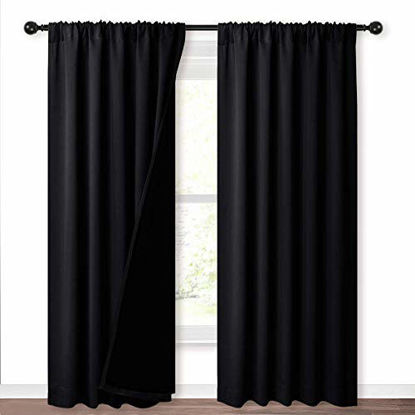 Picture of NICETOWN 100% Blackout Curtains Heat Blocking, Durable Black Lined Blackout Curtains for Bedroom, Energy Saving Long Curtains for Patio Sliding Glass Door, Black, 52-inch x 95-inch, 2 Panels