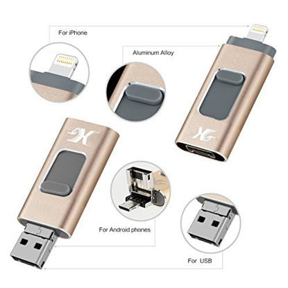 Picture of IPhone iOS USB flash disk 128GB lightning OTG jump driver, XG external miniature USB memory pen drive, suitable for iPhone, iPad, Android and PC encrypted flash sticks (Golden 128GB)