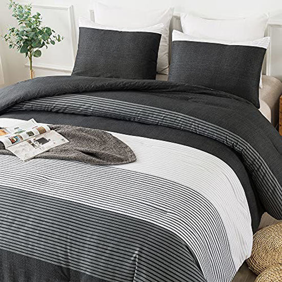 Picture of Andency Stripe Comforter Set Full Size (79x90 Inch), 3 Pieces Black White and Gray Patchwork Striped Comforter, Soft Microfiber Down Alternative Comforter Bedding Set with Corner Loops