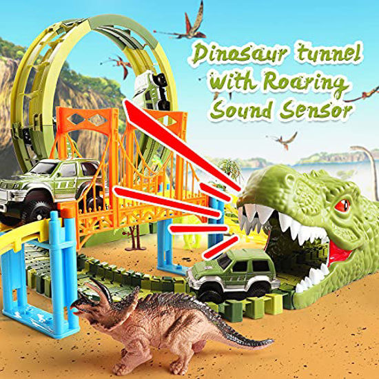 Picture of Dinosaur Race Car Track Toys, 320 pcs Create Dinosaur World Race 3 Cars, Flexible Tracks with 360 Loop and Turntable Playset, 2 Sounding Dinosaur Head, Gift for Kids Ages 3 4 5 6 Year Old Boys Girls