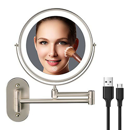 Picture of Rechargeable Wall Mounted Lighted Makeup Vanity Mirror 8 Inch Double Sided 1X 10X Magnifying Bathroom Mirror, 3 Color Lighting, Touch Screen Dimming, Extended Arm 360 Rotation Shaving Light up Mirror