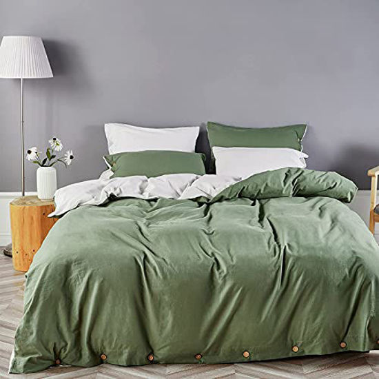 Picture of JELLYMONI 100% Washed Cotton Reversible Green & White Duvet Cover Set, 3 Pieces Luxury Soft Bedding Set with Buttons Closure, Solid Color Pattern Duvet Cover Full Size(No Comforter)