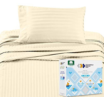 Picture of Twin XL Cotton Sheet Set - Ivory 500 Thread Count Sheets 3 Piece Bed Set, Striped Durable Damask Sateen Weave, Elasticized Deep Pocket Fits Low Profile Foam and Tall Mattresses