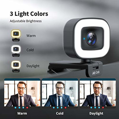 Picture of 60FPS Webcam with Ring Light, Jelly Comb Auto-Focus HD 60FPS, 1080P Web Camera with Dual Microphone and Privacy Cover for YouTube, Skype, Zoom, Twitch, OBS, Xsplit and Video Calling, W15