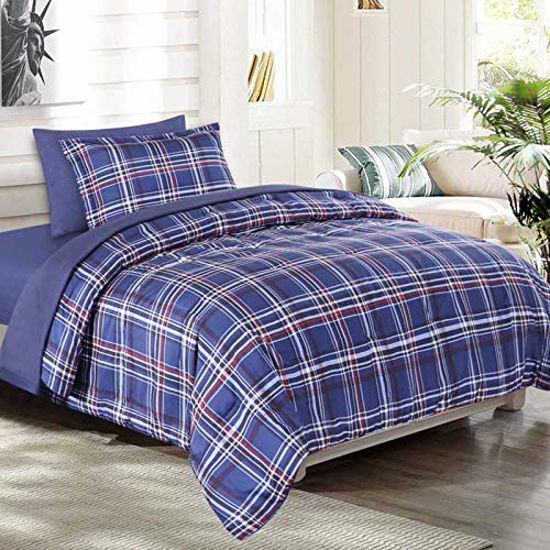 Picture of EMME Twin Bed in A Bag 5-Piece Bedding Twin Comforter Set Luxurious Brushed Microfiber Goose Down Alternative Comforter Soft and Comfortable Machine Washable (Twin/Twin XL, Blue Plaid)