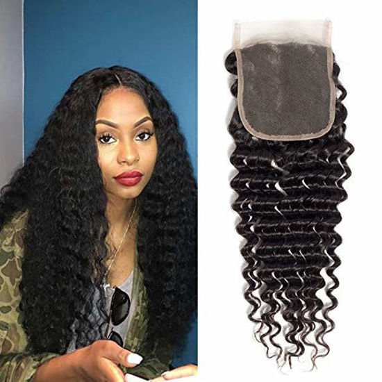 Picture of Brazilian Virgin Human Hair Deep Wave Lace Closure 4x4 Free Part 100% Unprocessed Virgin Brazilian Deep Curly Human Hair Lace Closure Natural Black Color (16Inch Deep 4X4 Lace Closure)