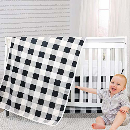 Picture of Brandream White Black Nursery Bedding Buffalo Plaid Neutral Baby Bedding 3 Piece Patchwork Blanket Set, Fitted Sheet, Crib Skirt