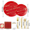 Picture of N9R 225PCS Red Gold Plastic Plates Set, Disposable Dinnerware Set Include 25 Dinner Plates, 25 Dessert Plates, 25 Forks, 25 Mini Forks, 25 Spoons, 25 Knives, 25 Gold Cups, 25 Napkins and Table Cards