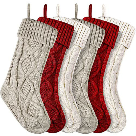 Picture of Christmas Stockings Large Knitted Xmas Stockings 18 Inches Fireplace Hanging Stockings for Family Holiday Christmas Decoration (Burgundy,Ivory,Khaki, 6)