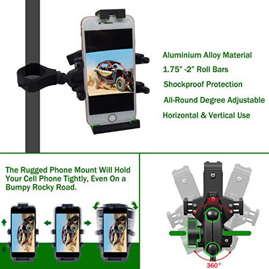 Picture of ATV/UTV Phone Holder, 360°Adjustable Phone Mount, Mobile Phone Holder with high-Density Metal Security Lock Device, Suitable for 1.75"-2" Roll Bar UTV, Polaris RZR 900 1000 XP / Can-am Accessories.