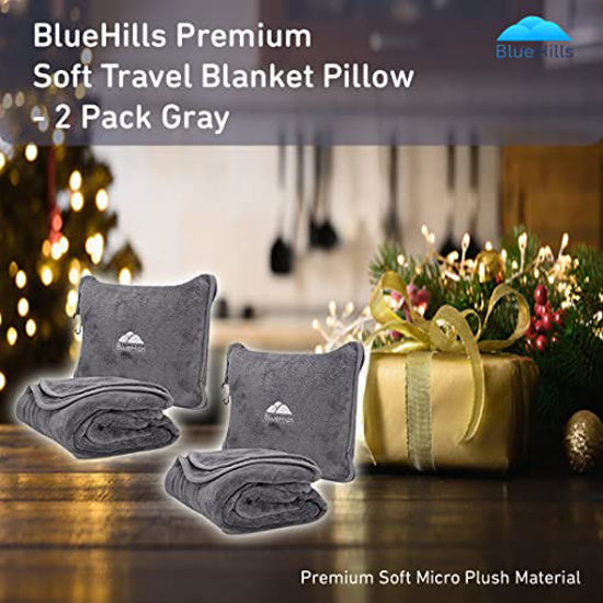 Picture of BlueHills 2-Pack Premium Soft Travel Blanket Pillow Airplane Blanket in Soft Bag Pillowcase with Hand Luggage Belt and Backpack Clip, Compact Pack Large Blanket for Any Travel (Grey Gray T013)