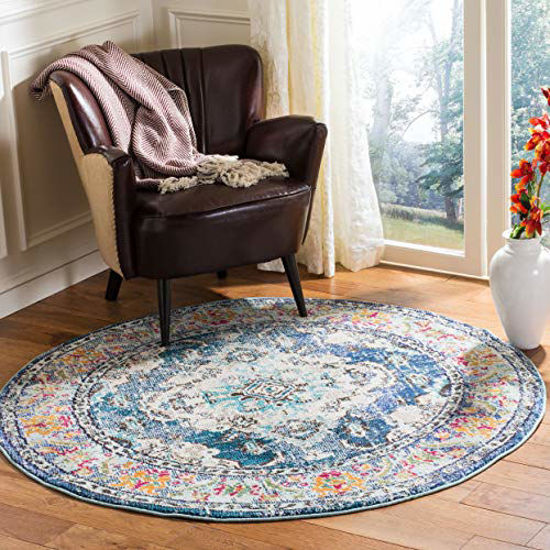Picture of SAFAVIEH Monaco Collection MNC243N Boho Chic Medallion Distressed Non-Shedding Dining Room Entryway Foyer Living Room Bedroom Area Rug, 4' x 4' Round, Navy / Light Blue