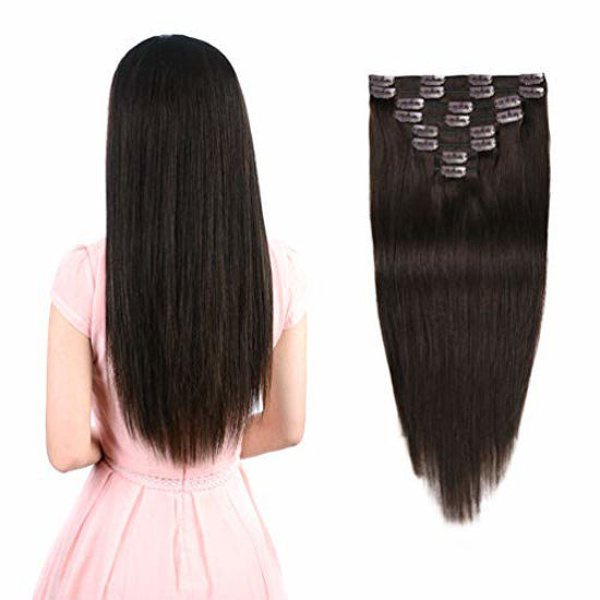 Picture of Real Clip in Hair Extensions Dark Brown 8 Pieces - Premium Womens Straight Double Weft Thick Remy Hair Extensions Clip in on Human Hair for Long Hair (16" / 16 inch, #2, 102 grams/3.6 Oz )