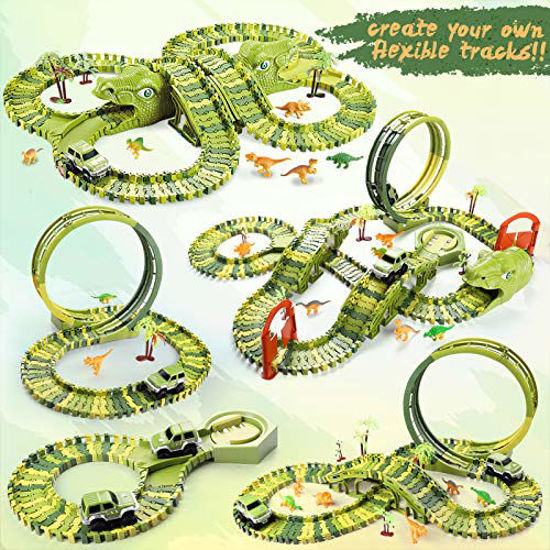 Picture of Dinosaur Race Car Track Toys, 400 pcs Create Dinosaur World Road Race, Flexible Tracks with 360 Loop and Auto Turntable Playset, 2 Cars, 2 Dinosaur Head, Gift for Kids Ages 3 4 5 6 Year Old Boys Girls