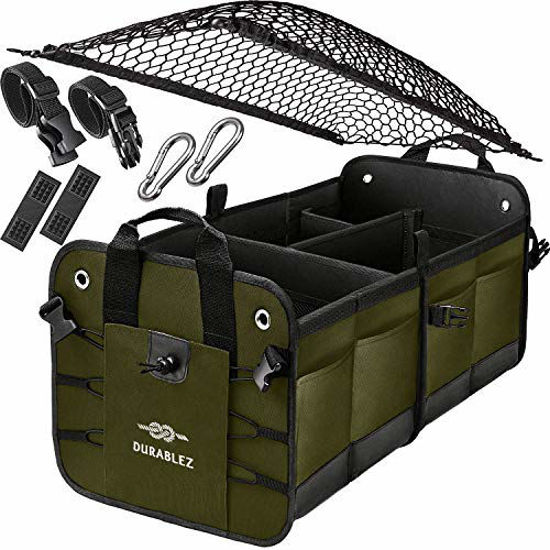 Picture of DURABLEZ Trunk Organizer with Covering Net, Attachable Non-Slip Pads, and Stainless Hooks, Military Green