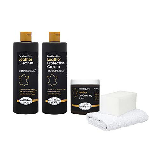 Picture of FurnitureClinic Leather Complete Restoration Kit | Includes Leather Re-Coloring Balm, Leather Cleaner, Protection Cream, Sponge & Cloth | Restores & Repairs (Dark Brown)