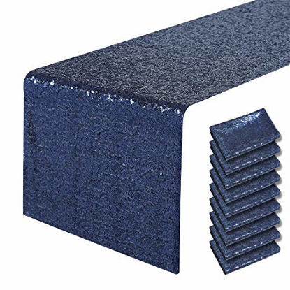 Picture of Pufogu 10 Packs 12 x 108 inches Navy Blue Sequin Table Runner, Glitter Navy Blue Table Runner for Wedding Birthday Bachelorette Holiday Party Supplies Decorations Bridal Shower Baby Shower