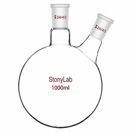 Picture of StonyLab 1000ml Glass 2 Neck Round Bottom Flask RBF, with 24/40 Center and Side Standard Taper Outer Joint - 1L (1 Liter)