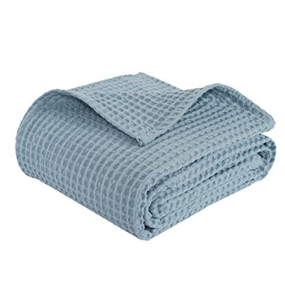 Picture of PHF 100% Cotton Waffle Weave Blanket King Size 108" x 90" - Pre-Washed Soft Lightweight Breathable Blanket for All Season - Perfect Blanket Layer for Couch Bed Sofa-Elegant Home Decoration-Dusty Blue