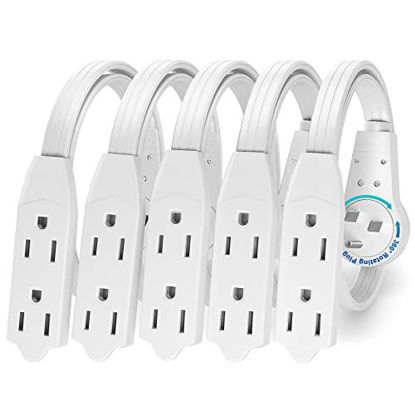 Picture of Extension Cord White Flat Plug, 360° Rotating Short Power Cords Multi Outlet, Indoor / Outdoor 16 Gauge 3 Prong Grounded Wire UL Listed (1 Foot 5 Pack)