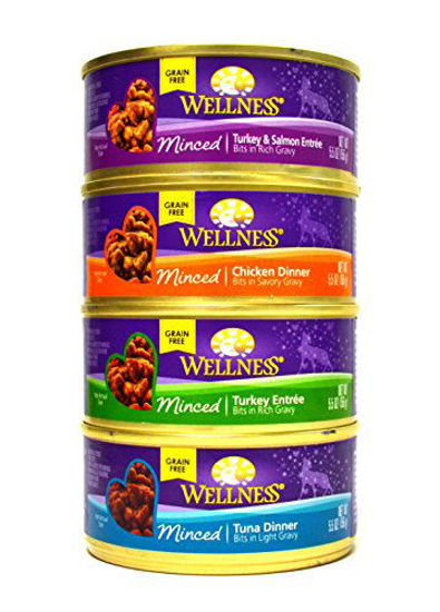 Picture of Wellness Minced Grain-Free Wet Cat Food Variety Pack - 4 Flavors (Tuna, Turkey, Chicken, and Turkey & Salmon) - 12 (5.5 Ounce) Cans - 3 of Each Flavor