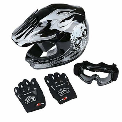 Picture of TCT-MT Helmet+Goggles+Gloves Youth Kids DOT Motocross Helmet Black Skull Dirt Bike ATV Off-Road Helmet Child Gloves Goggles (X-Large)