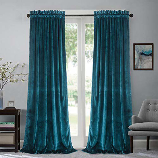 Picture of Roslynwood Velvet Curtain Panels Peacock Blue Block Light Window Super Soft Luxury Drapes for Bedroom Thermal Insulated Rod Pocket Curtain for Living Room/52Wx96L Peacock Blue, 2 Panels