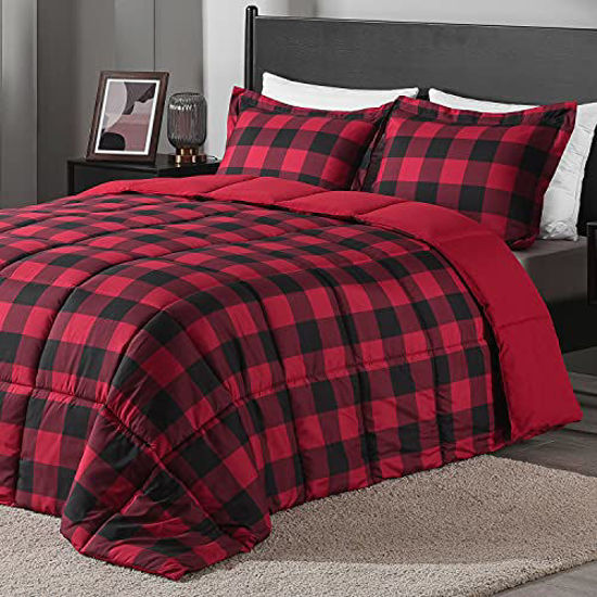 Picture of downluxe Lightweight Plaid Comforter Set (King) with 2 Pillow Shams - 3-Piece Set - Red/Black Plaid - Down Alternative Reversible Comforter