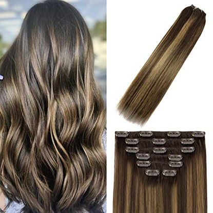 Picture of Clip in Hair Extensions Remy Hair Dark Brown to Chestnut Brown For Women 20Inch 70g Soft Human Hair Extensions Clip Ins Thick Full Head 9A Grade #2T6P2 7PCS