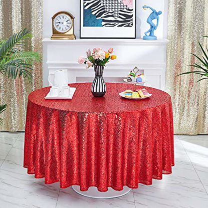 Picture of Hahuho 120 inch Round Sequin Tablecloth Red, Glitter Tablecloth for Bridal Shower Decorations, Birthday, Wedding, Dessert, Banquet120 inch Round, Red