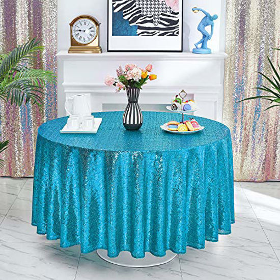 Picture of Hahuho 120 inch Round Sequin Tablecloth Turquoise, Glitter Tablecloth for Bridal Shower Decorations, Birthday, Wedding, Dessert, Banquet120 inch Round, Turquoise