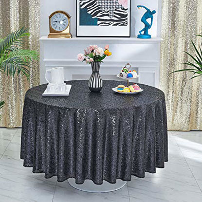 Picture of Hahuho 120 inch Round Sequin Tablecloth Black, Glitter Tablecloth for Bridal Shower Decorations, Birthday, Wedding, Dessert, Banquet120 inch Round, Black