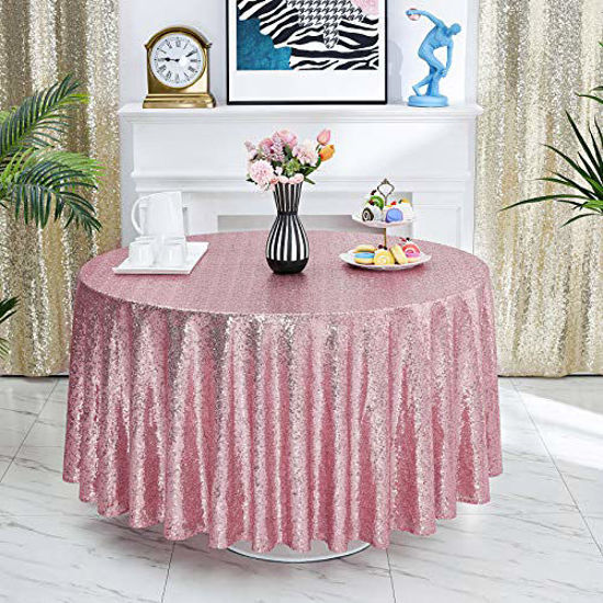 Picture of Hahuho 120 inch Round Sequin Tablecloth Rose Pink, Glitter Tablecloth for Bridal Shower Decorations, Birthday, Wedding, Dessert, Banquet120 inch Round, Rose Pink