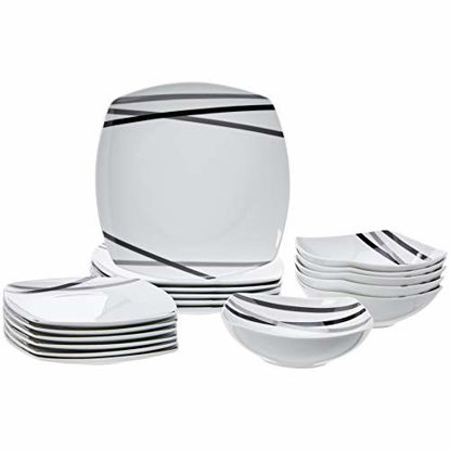 Picture of Amazon Basics 18-Piece Kitchen Dinnerware Set - Square Plates, Bowls, Service for 6 - Modern Beams, White/Green/Blue