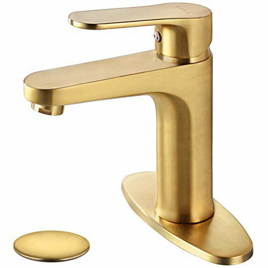 Picture of SOKA Brass Bathroom Faucet Brushed Gold Bathroom Sink Faucet Gold with Pop-up Sink Drain Stopper & Deck Plate 1 or 3 Hole Bathroom Faucet Single Handle Bathroom Faucet Single Hole RV Bathroom Faucet