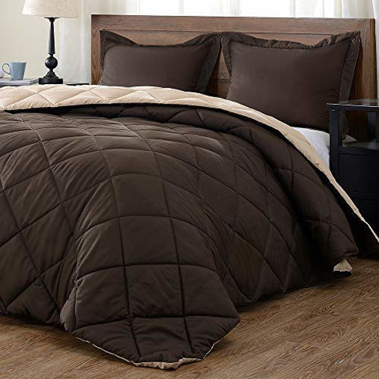 Picture of downluxe Lightweight Solid Comforter Set (King) with 2 Pillow Shams - 3-Piece Set - Brown and Tan - Down Alternative Reversible Comforter