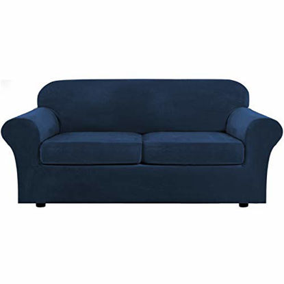 Picture of Real Velvet Plush 3 Piece Stretch Sofa Covers Couch Covers for 2 Cushion Couch Sofa Slipcovers (Base Cover Plus 2 Large Cushion Covers) Feature Thick Soft Stay in Place (Large Sofa, Navy)