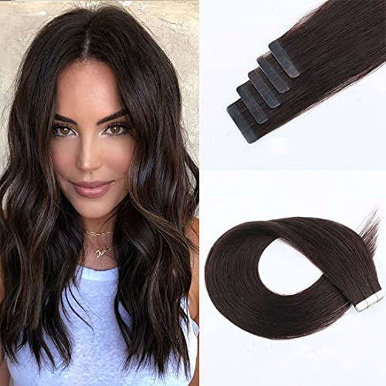 Picture of Sassina Tape in Human Hair Extensions Dark Brown 16inch Double Side Tape Seamless Skin Weft Natural Hair Extensions Long Straight Remi Glue in Hair 50 Grams 20 Pieces Color #2