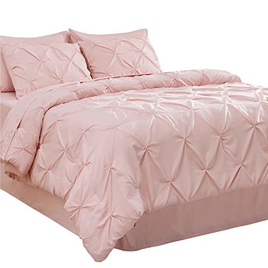 Picture of Bedsure Pink Twin Comforter Set - 6 Pieces Pintuck Pink Twin Bed Set, Pinch Pleat Pink Twin Bedding Set with Comforters, Sheets, Pillowcases & Shams