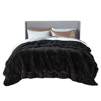 Picture of Bedsure Soft Fuzzy Faux Fur Sherpa Fleece Queen Size Throw Blanket Black- Warm Thick Fluffy Plush Cozy Reversible Shaggy Blanket for Sofa and Bed -Comfy Furry Blanket, Solid Black Full 90x90