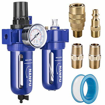 Picture of NANPU 1/4" NPT Compressed Air Filter Regulator Lubricator (FRL), Zinc Alloy, 5 Micron Brass Element, 0-150 psi Gauge, Quick Release Bowl, Manual Drain, Metal Bracket